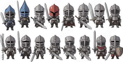 Cute medieval knight characters vector set featuring armored warriors swords shields fantasy RPG game icons cartoon style collection