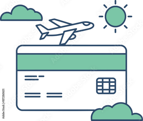 Minimalist illustration of a credit card with an airplane flying above it under a sunny sky with clouds