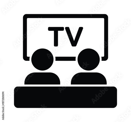 Two people sitting on sofa watching vector TV screen