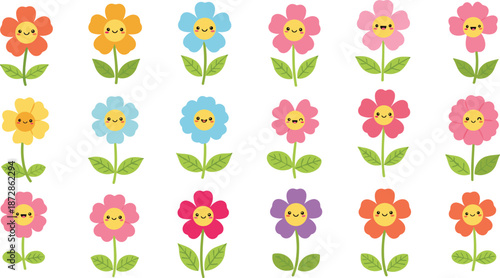 Cute smiling flower characters set illustration colorful kawaii floral icons vector design for kids spring garden decoration nursery education branding