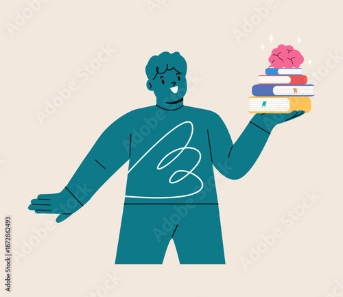 New knowledge concept. Boy holding textbooks and brain in hand. Colorful vector illustration