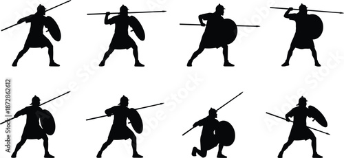 Ancient warrior silhouette, spear stance, shield pose, combat motion, battlefield readiness, helmeted fighter, historical armor, battle scene, defense, strength