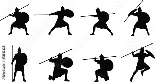 Ancient warrior silhouette, spear stance, shield pose, combat motion, battlefield readiness, helmeted fighter, battle formation, defense, strength, posture