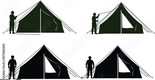 Camping silhouette, tent setup, outdoor activity, wilderness adventure, people camping, rope securing, triangle tent, campsite scene, nature exploration, travel illustration