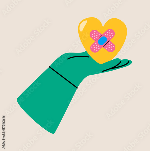 Hand holding heart with adhesive plaster. Concept of blood transfusion and donation. Colorful vector illustration