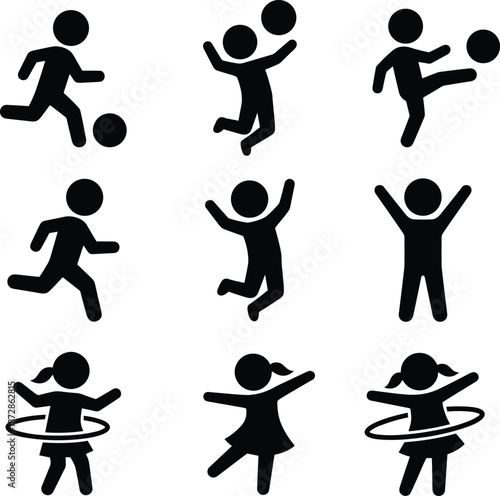 Children, silhouette, physical activity, sports, play, running, jumping, kicking, hula hoop, dancing, fitness, icons, black, vector