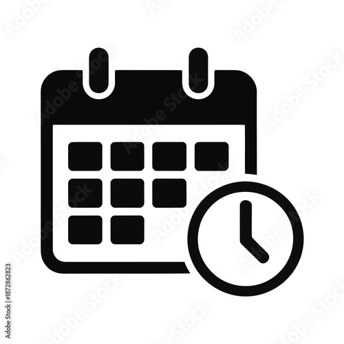 Black vector calendar icon paired with a circular clock for scheduling