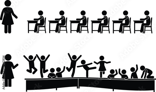 Classroom comparison, traditional teaching, interactive learning, student engagement, teacher with students, education styles, playful classroom, structured lesson, silhouette scene