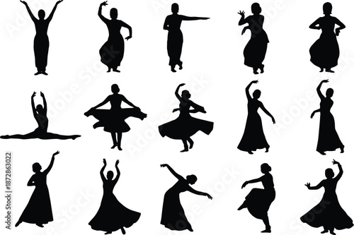 Dancer silhouettes, graceful poses, expressive movement, classical and contemporary styles, flowing dresses, elegant motion, artistic posture, dance grid layout