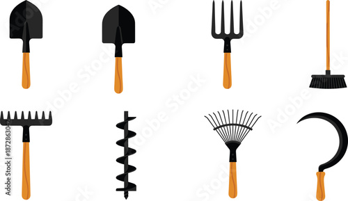 Gardening, tools, agriculture, silhouette, vector, icon, trowel, spade, pitchfork, broom, rake, auger, sickle, black, wooden handle, equipment, farming, illustration, set, practical, outdoor