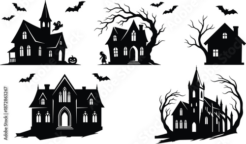 Haunted house silhouettes, spooky buildings, Halloween theme, bats, ghosts, twisted trees, eerie architecture, monster figure, pumpkin, scary night scene