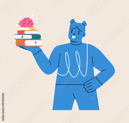New knowledge concept. Girl holding textbooks and brain in hand. Colorful vector illustration