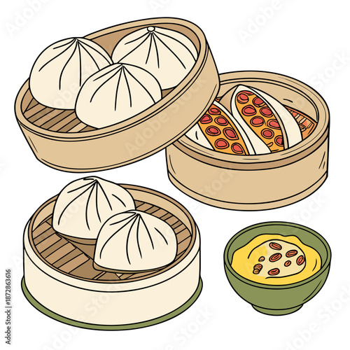 Steamed buns and dumplings in bamboo steamers with dipping sauce