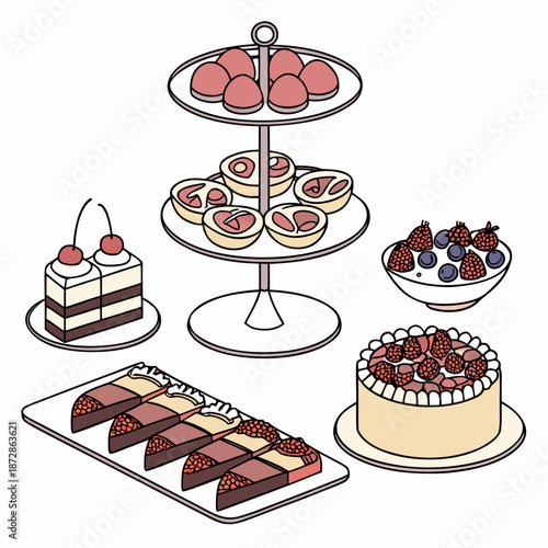 Traditional dessert table layout with cakes and pastries