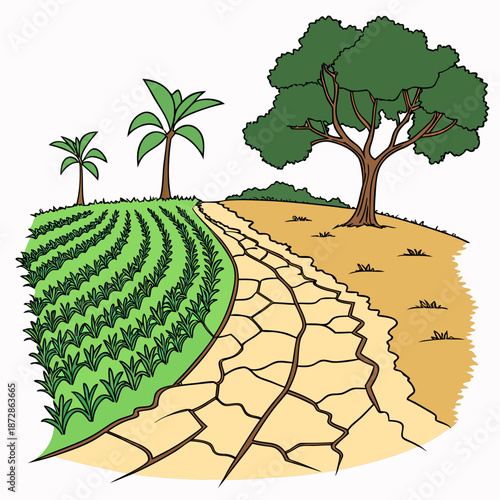 Half fertile farmland with crops and trees half cracked dry earth