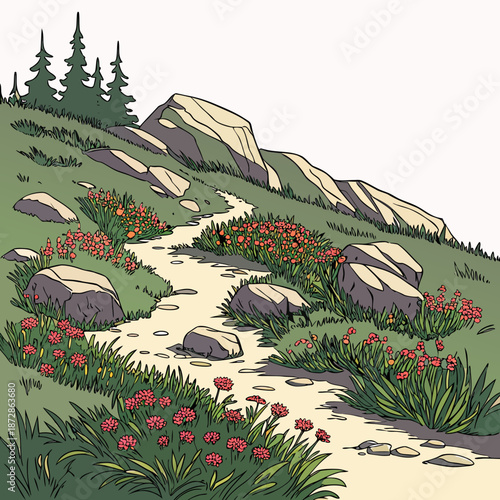 Mountain meadow with flowers and rocky path rocks