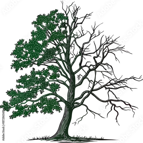 Tree with two environments one side leafy green and the other bare