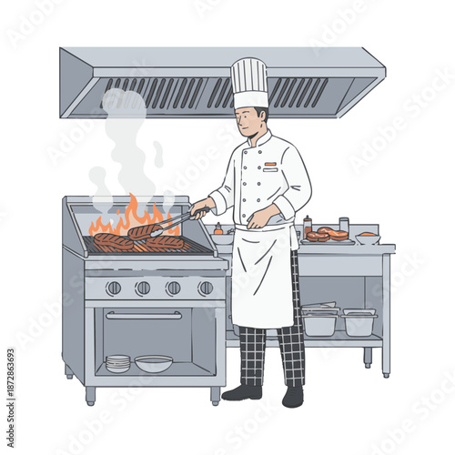 Skilled Chef Grilling Delicious Steaks Over a Fiery Barbecue in a Professional Kitchen Setting