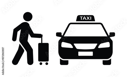 Black vector illustration of a person walking towards a taxi with luggage.