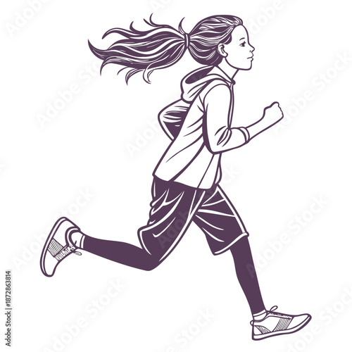 Girl running with ponytail and wind blown hair in athletic wear