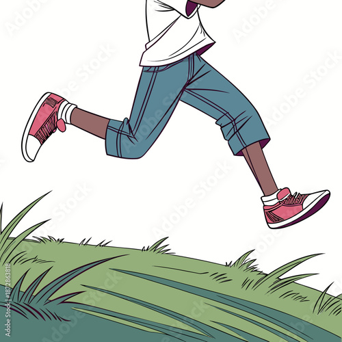 Child running playfully in green field with grass