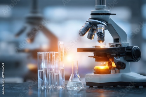 Laboratory setup featuring microscope and test tubes for scientific research and experimentation at a modern facility