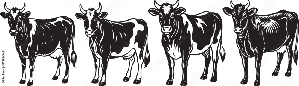 Fototapeta premium black and white abstract background three black and white cows farm animals list.are highland cows farm animals