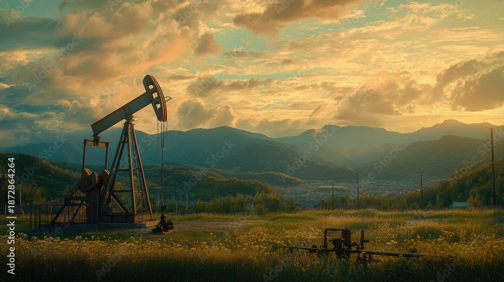 Naklejka premium Oil pump jack operates in a scenic valley surrounded by mountains during the golden hour with dramatic cloud formations