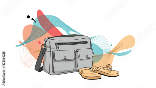 Stylish gray shoulder bag with multiple pockets sitting next to a pair of beige flip flops against a colorful abstract liquid wave background.