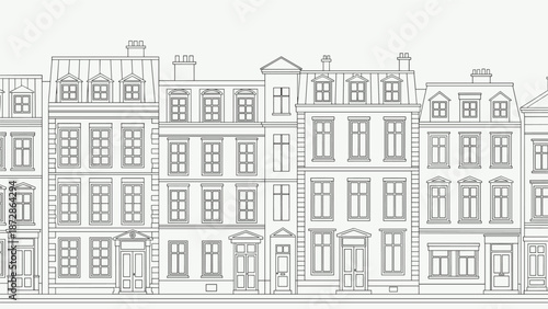 Detailed line drawing of a row of classic European townhouses with multiple windows and doors showing traditional architectural building facades.