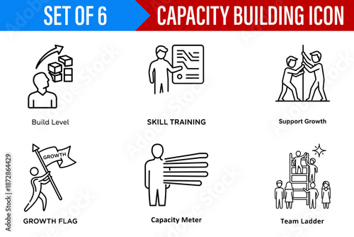 Set of six minimalist and energetic capacity building icons illustrating professional growth and skill development for success