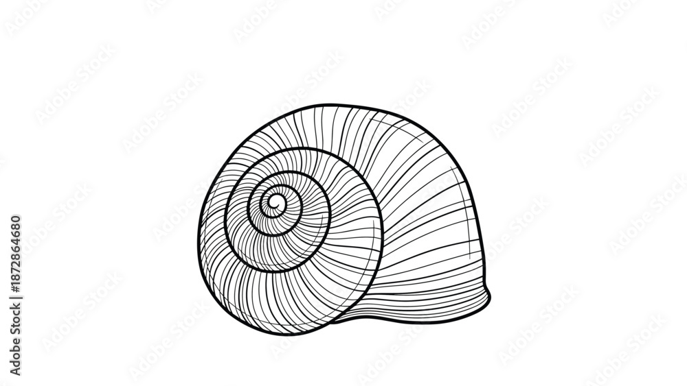Obraz premium Detailed line art illustration of a spiral snail shell showing the intricate growth lines and natural geometric curves of its hard calcium structure.