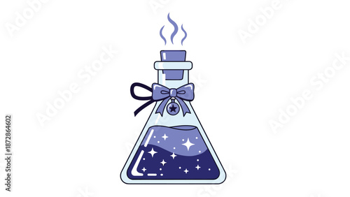 Glass flask filled with a sparkling purple magic potion and a ribbon tied around the neck emitting small wisps of glowing vapor at the top.