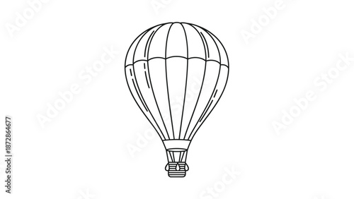 Simple black and white line drawing of a traditional hot air balloon with a basket and striped envelope floating in an empty white sky.