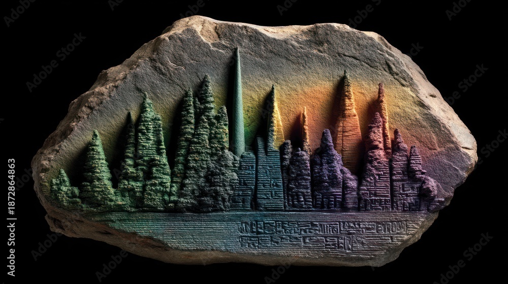 Fototapeta premium Colorful Forest and Cityscape Carved into Stone with Gradient Hues.