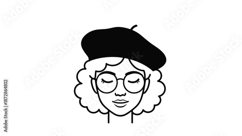 Artistic line drawing of a woman with curly hair wearing a black beret and large round glasses with her eyes closed in a peaceful pose.