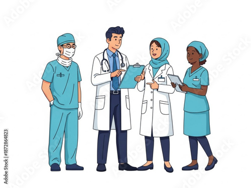 Diverse group of medical professionals in lab coats and scrubs discussing