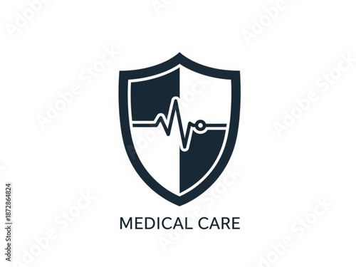 Shield icon with heartbeat symbol and medical care text in modern flat design