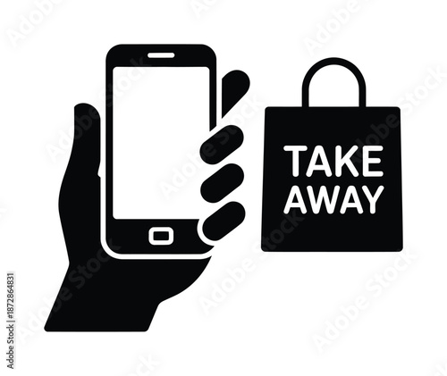 Vector image of hand holding phone next to take away bag
