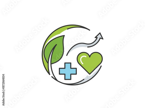 Green leaf heart and medical cross symbol in circular design for health