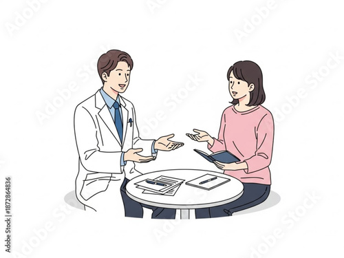 A male doctor and female patient discuss health on tablet at round table