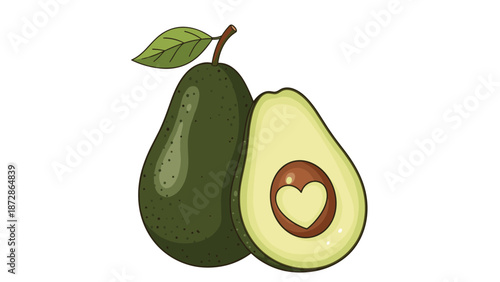 Green avocado cut in half revealing a brown pit naturally shaped like a heart to represent healthy eating and love for fresh natural produce.