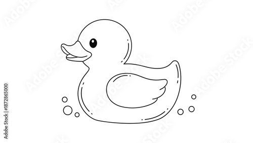 Cute rubber duck floating in water with small bubbles shown in a simple clean black line art style for children's books or bath products.
