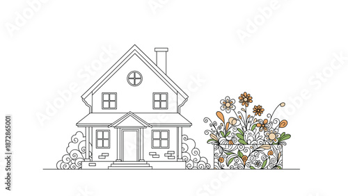 Traditional two-story house with a chimney and a large overflowing flower box filled with decorative blooms in a detailed line art illustration.