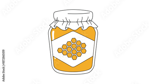 Clear glass jar filled with golden honey featuring a honeycomb patterned label and a paper cover secured with a thin string around the lid.