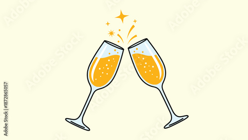 Two elegant champagne glasses clinking together for a celebratory toast with sparkling golden wine and festive star icons above the rims.