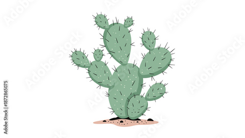Large prickly pear cactus with many green pads and sharp spines growing in the sandy ground in a simple flat botanical illustration style.