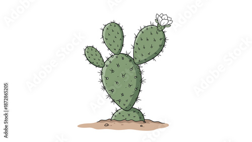 Prickly pear cactus with a single white flower blooming at the top of one pad shown in a simple flat botanical illustration style on white background.