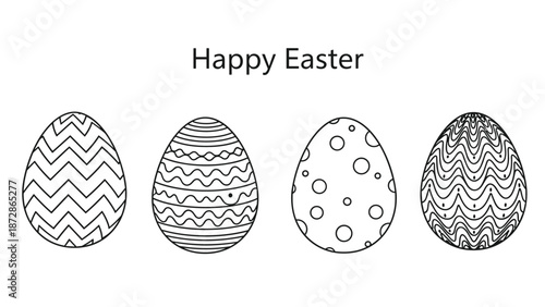 Set of four decorated Easter eggs with different patterns and textures in outline style with text for holiday greeting cards.