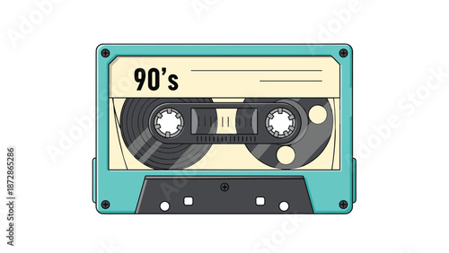 Retro cassette tape from the nineties with a turquoise plastic case and a label featuring the text 90's in a vintage illustration.